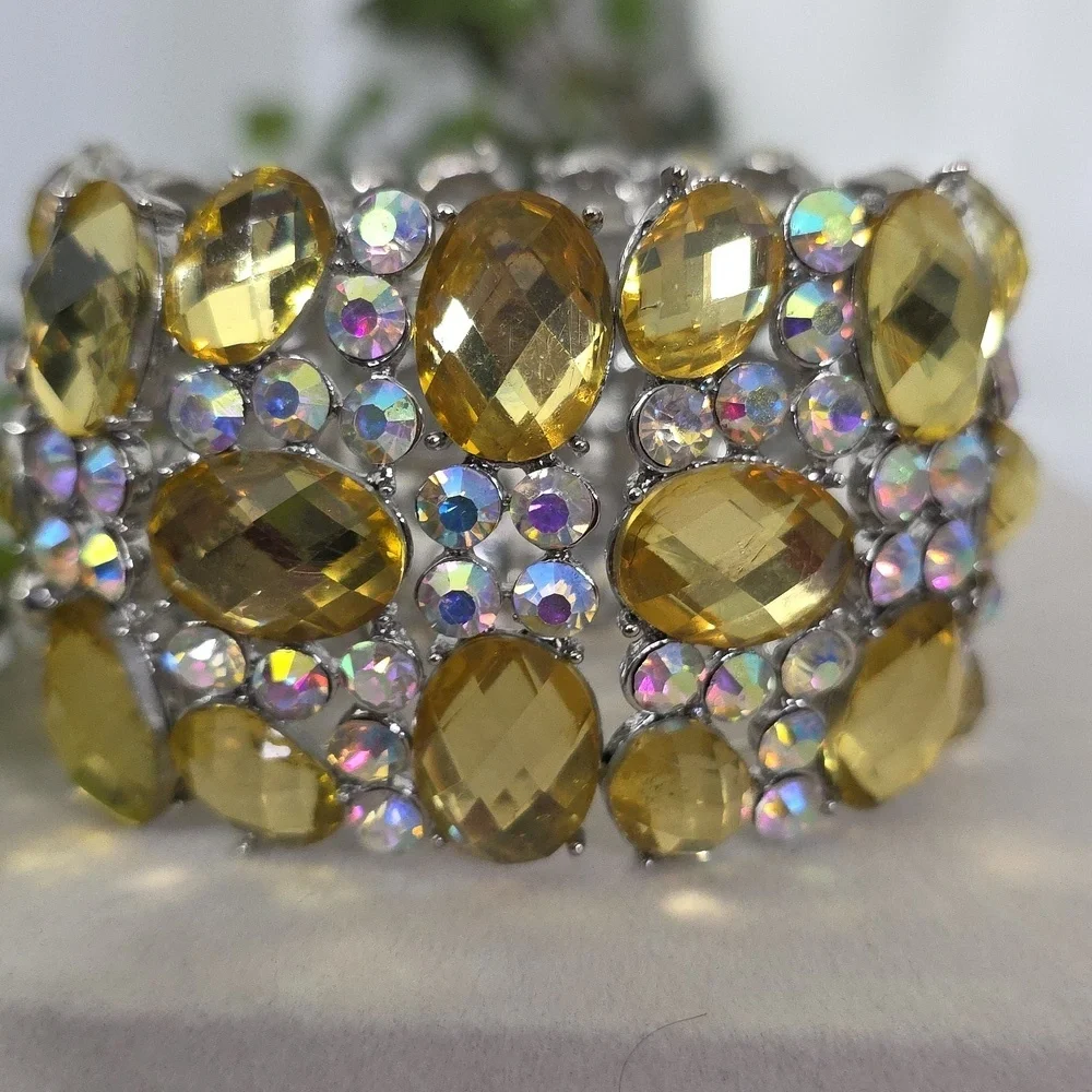 Statement Wide Silver with AB and Yellow Glam Stretch Bracelet